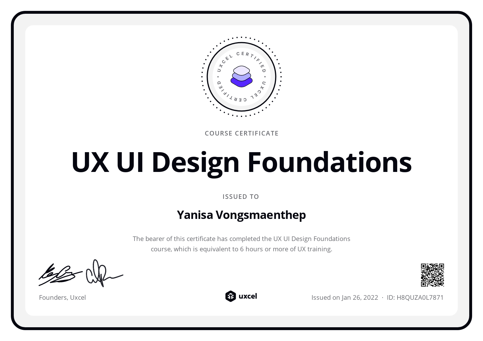Yanisa Vongsmaenthep's certificate